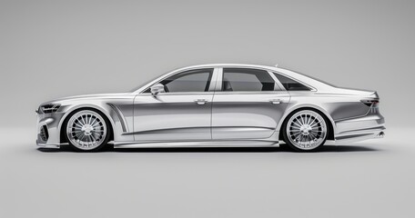 A silver, new model luxury sedan with chrome wheels and bodywork The car is set against an allwhite background Generative AI
