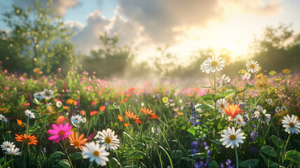 Fototapeta premium A field of flowers with a bright sun shining down on them
