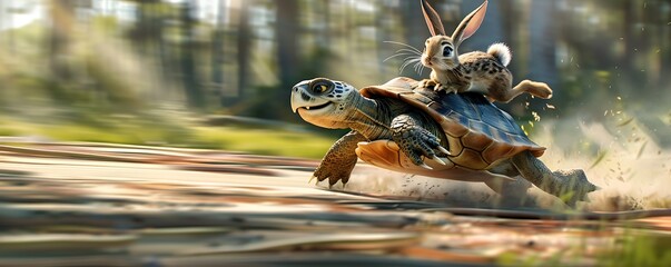 Swift Turtle Transporting a Rabbit on Its Shell