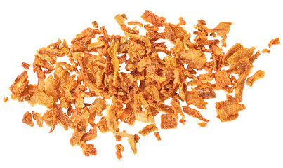 Pile of crispy fried onions isolated on white. Crunchy Roasted Onion flakesTop view. Flat lay.