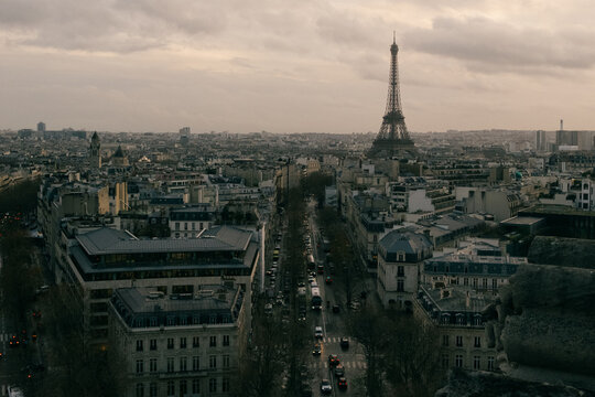 view  of Paris in the winter, Eiffel Tower  from Arc De Triomphe  