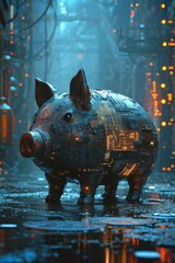A pig standing in the rain without shelter, getting wet from the falling raindrops