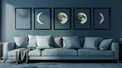 Contemporary chic living room with a powder blue sofa and five horizontal poster frames, each showing different stages of the moon, on a midnight blue wall.