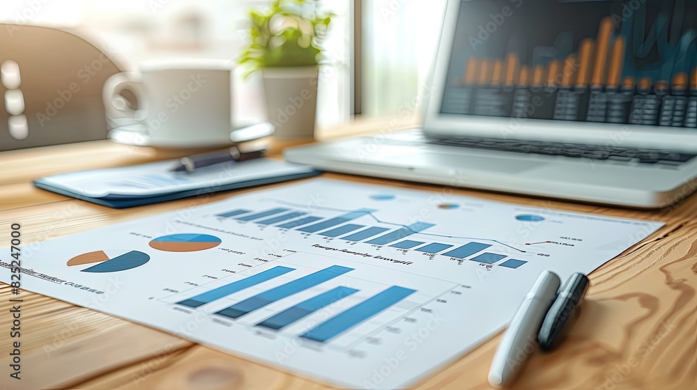 Poster financial analysis report with charts and growing line graph on blue gradient background