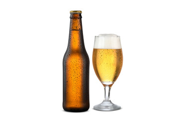 unlabeled beer bottle and glass with beer, cold drink, mockup