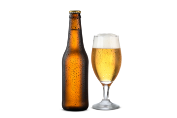 unlabeled beer bottle and glass with beer, cold drink, mockup