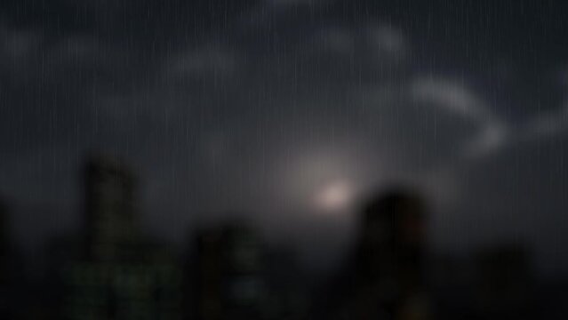 Dark rainy cityscape animation. Dreary gloomy storm in nighttime urban environment.