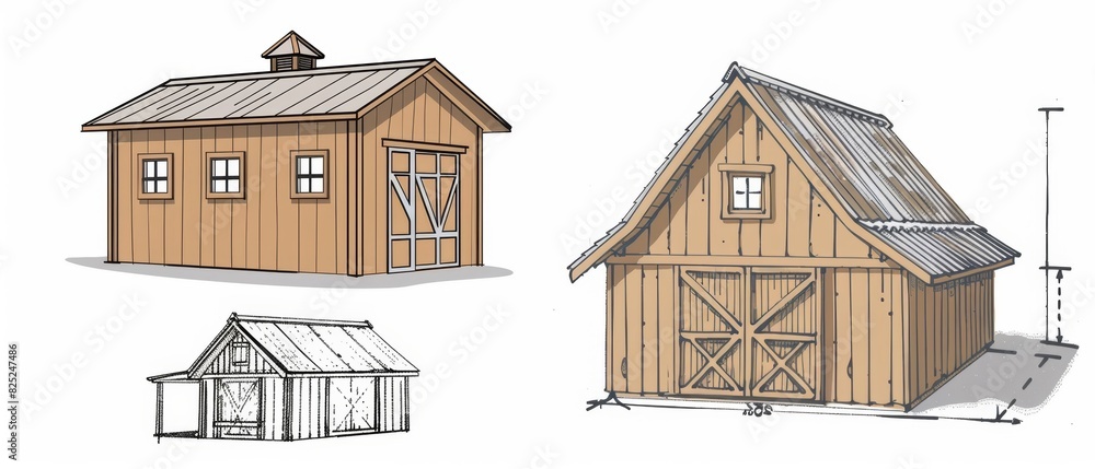 Poster a vector drawing of two different styles for small barns