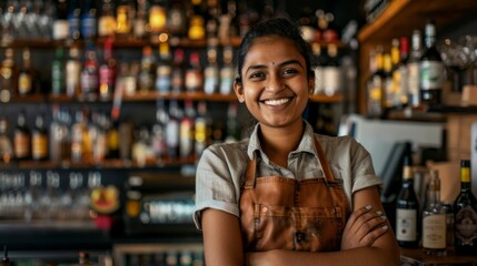 Smiling African American Woman and Bartender Pose for the Camera in a Wine Bar. 4K HD Wallpaper. AI-generated Background.