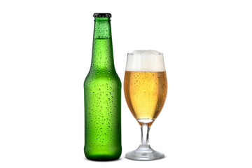 unlabeled beer bottle and glass with beer, cold drink, mockup