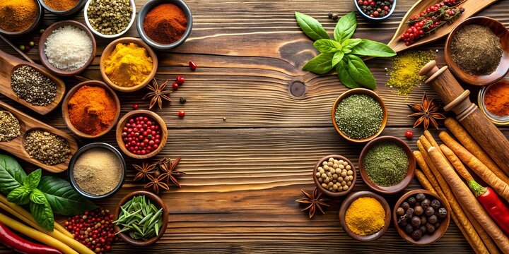 Spices and herbs on a wooden table top. Food and cuisine ingredients. The concept of healthy and tasty food. Background with copy space for menu, invitation, card, banner, flyer