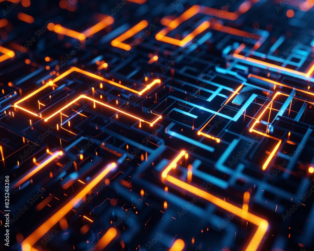 Aufkleber abstract image of a computer chip with glowing orange and blue lines.