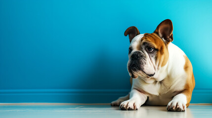 Sad Bulldog against Blue Wall. Copy space. Generative AI	