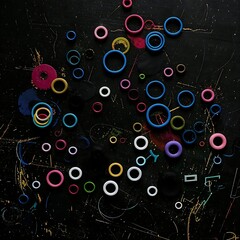 background, abstraction, multi-colored rings of different sizes on a black background