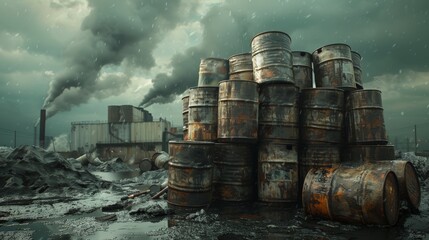 Naklejka premium Barrels of toxic waste in an industrial wasteland