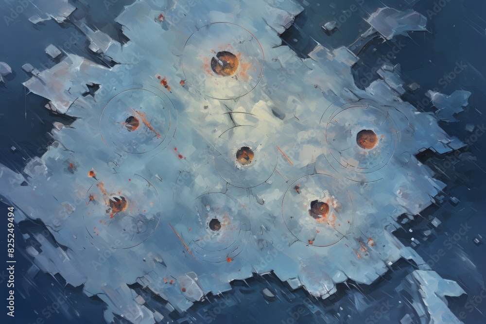 Poster battle map of a frozen lake seen from above, with various ice fishing holes