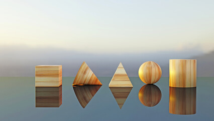 Wooden piece geometric shape on glossy floor 3D rendering