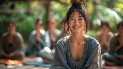 Fototapeta premium wellness retreat, people with serene expressions practicing wellness activities at a retreat center led by an asian meditation instructor in a lush garden with a gentle breeze rustling leaves