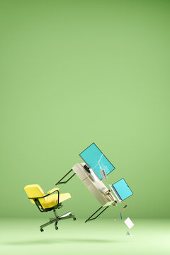 Work job / multitasking balance concept. Floating desk and computer.