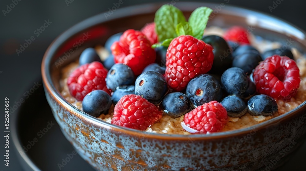 Wall mural baked oats recipe, warm baked oats with berries and honey make a delightful breakfast choice for a cold morning, creating a cozy and comforting meal