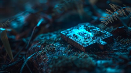 Glowing blue cube in a dark forest for fantasy and technology themed designs