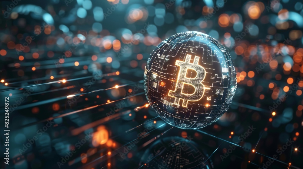 Poster glowing bitcoin inside circuit board. concept of crypto currency mining