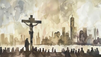 Jesus dies on the Cross.The Crucifixion and Death of Jesus.Digital watercolor painting.