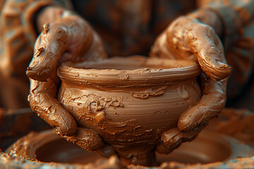 Hands of potter making clay pot. Close up process shot of a potter's hands shaping clay on a pottery whee, 3d render 