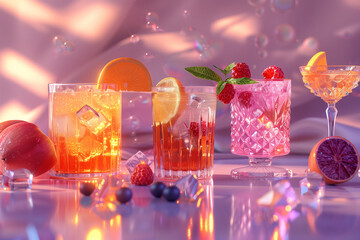 Cocktail party with colorful drinks, summer concept, 3d render