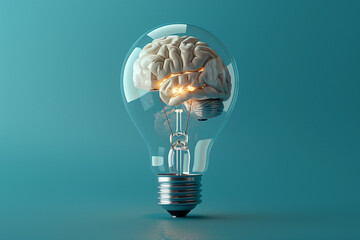 Brain shaped filament light bulb. Concept for idea, creativity, solution, innovation, invention, inspiration, imagination, on a blue background, 3d render
