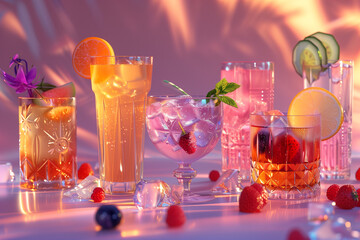 Cocktail party with colorful drinks, summer concept, 3d render