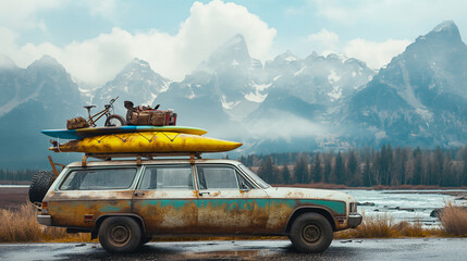 Old station wagon parked on a scenic highway overlooking a vast mountain range for an adventure with roof rack yellow kayak, mountain bikes and packages for road trip concept.