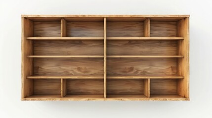 3D render of an empty wooden bookcase, isolated on white background, top view