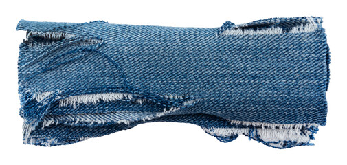 Piece of torn denim on a white background. Denim texture