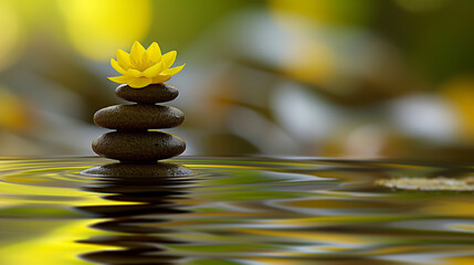 Yellow lotus flower on stacked pebbles in tranquil water. Copy space. Generative AI	