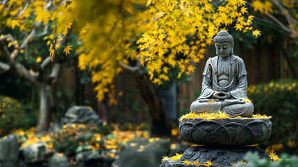 A serene statue of Buddha surrounded by vibrant autumn foliage. Generative AI	