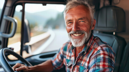 "Smiling Truck Driver Posing in Truck"