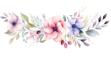 watercolour floral bouquet of flowers border on white background for wedding stationary invitations, greetings, wallpapers, fashion, prints