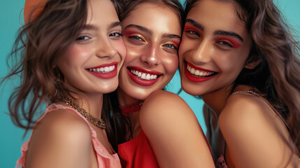 fashionable women group standing together, smiling.