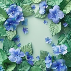 Pattern with 3D green leaves and 3D blue flowers on a green background with advertising space. Design for a greeting card, print on fabric, paper. Decor for presentations and sales of eco cosmetics an