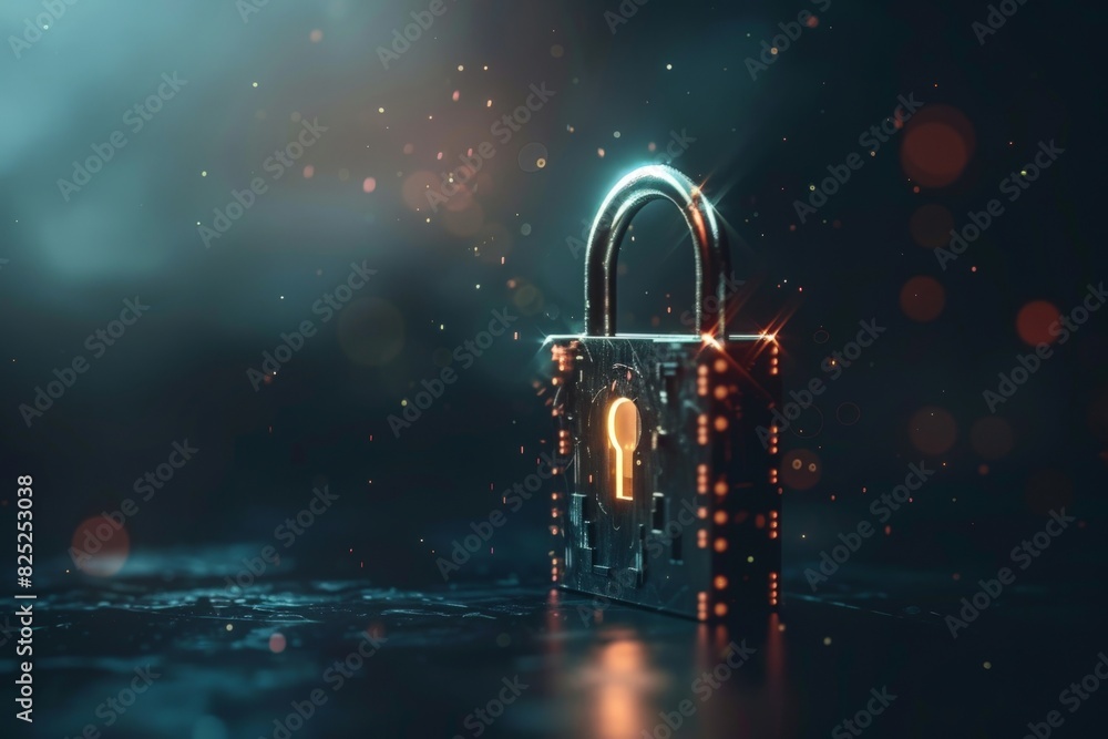 Poster the image is a 3d rendering of a padlock