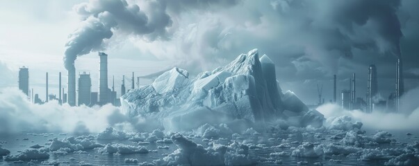 The image shows a frozen wasteland with a large factory in the background. The factory is surrounded by tall mountains and the sky is filled with smoke.