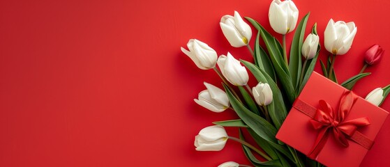 White tulips and red gift box on red background.