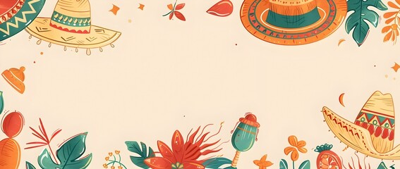 Naklejka premium Vibrant Doodle Border with Stylized Hispanic Heritage Month Cultural Elements for Blank Background or Text Placement