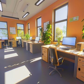 empty bright clean cozy small techy office with several desks illustration