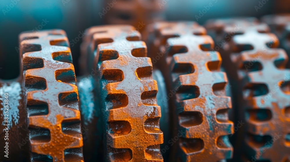 Poster close-up of rusty industrial gears in a factory setting, showcasing intricate details and mechanical