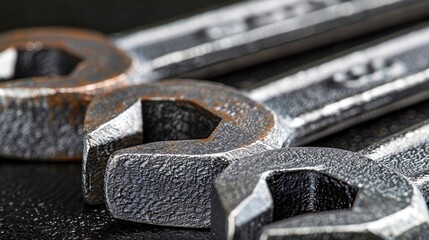 Close-up of three metallic wrenches on a dark background, highlighting the textured metal and sturdy construction, perfect for repair and maintenance projects.