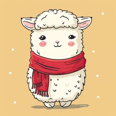 Obraz premium Alpaca with a scarf, simple flat line drawing clip art, simple line art illustration with two colors, clipart isolated on a pure solid color pastel cream background, simple doodle design for a kids