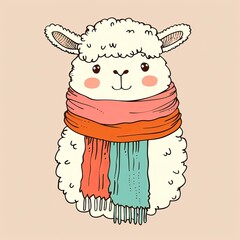 Obraz premium Alpaca with a scarf, simple flat line drawing clip art, simple line art illustration with two colors, clipart isolated on a pure solid color pastel cream background, simple doodle design for a kids