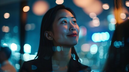An Asian businesswoman engrossed in conversation during a high-powered networking event, surrounded by city lights twinkling through the windows.